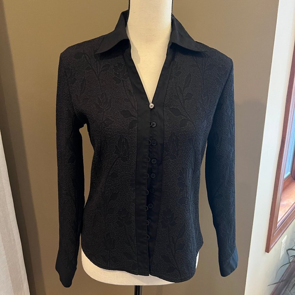 Josephine Chaus Black Embossed Floral Blouse, Size 8